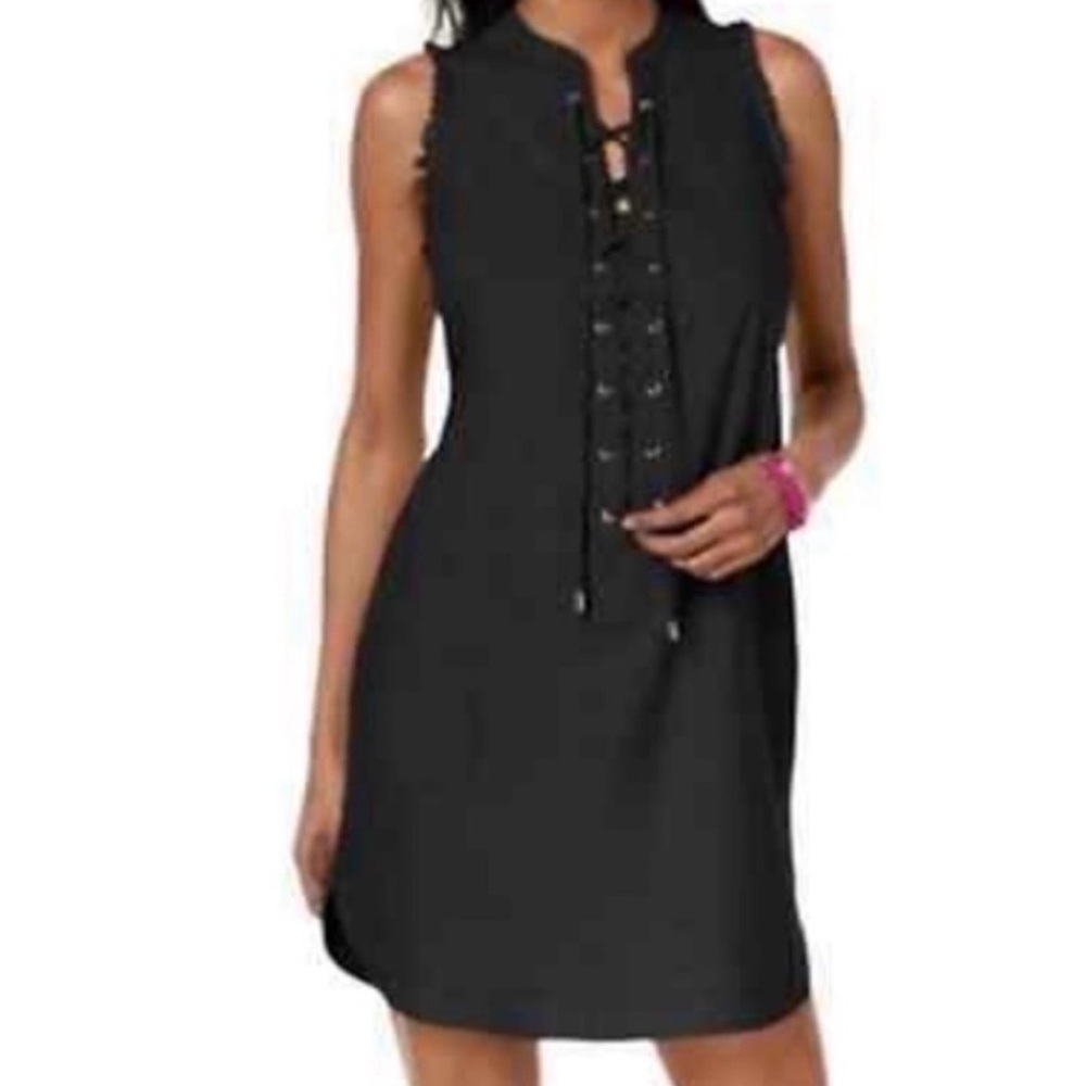 NEW- Trina Turk x I.N.C. Linen Blend Lace-Up Dress BLACK Small S POCKETS Casual